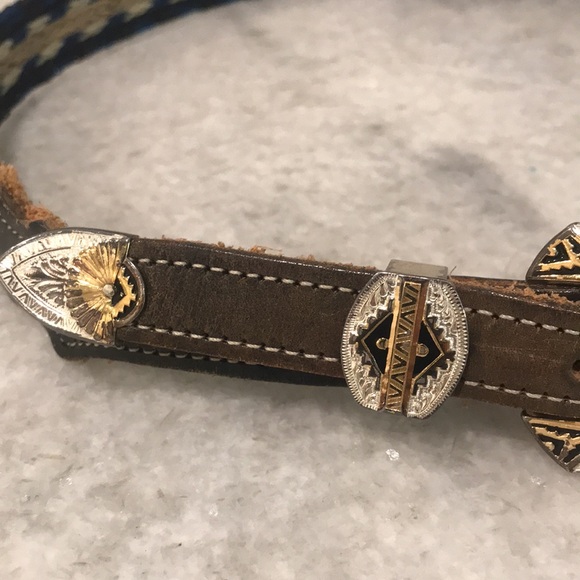 Vintage Western Belt Womens 34 Blue Woven Gold SilverTone Buckle Leather Cowgirl - Picture 3 of 13